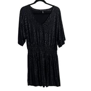 WHBM Kimono Sleeve Smocked Waist Dress Black Shimmer Leopard Medium Mini Casual